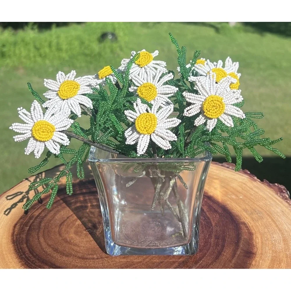 Vintage French Beaded Daisy Flowers 11 Stems Seed Bead Handmade Floral Decor